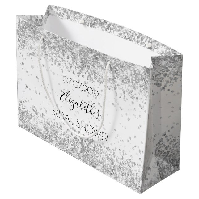 Bridal Shower white silver sparkles name Large Gift Bag (Back Angled)