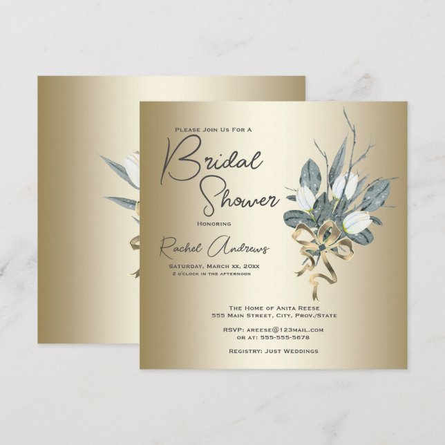Bridal Shower White Tulips With Gold Invitation (Front/Back)
