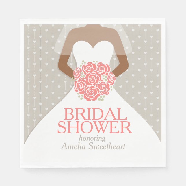 Bridal shower white wedding dress coral roses napkins (Front)