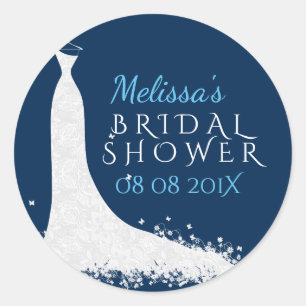 Bridal Shower White Wedding Dress On Blue Classic Round Sticker