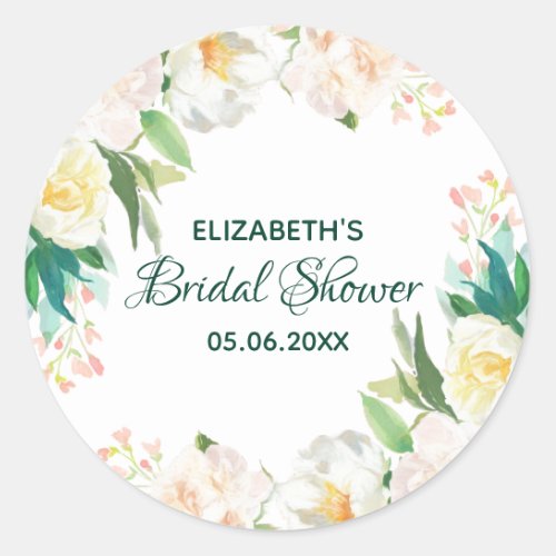 Bridal Shower white white flowers Classic Round Sticker