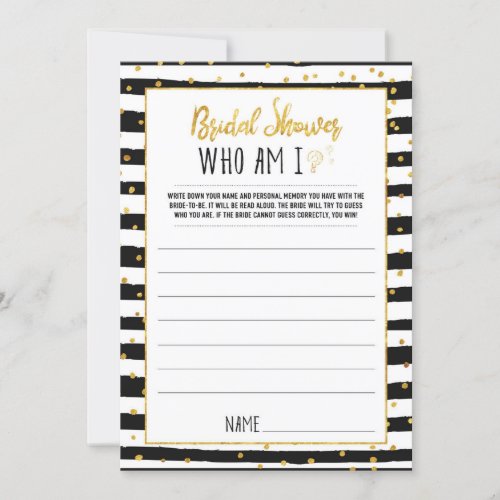 Bridal Shower Who Am I Game  Gold Confetti Invitation