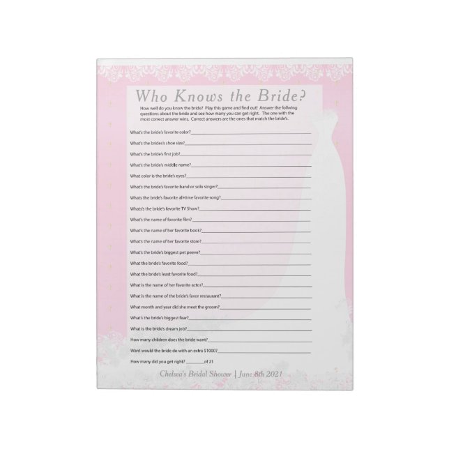 Bridal Shower Who Know the Bride Game - Pink Notepad (Rotated)