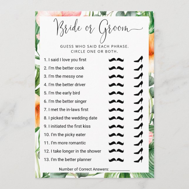 Bridal Shower Who Knows the Couple Best? Game Card (Front)