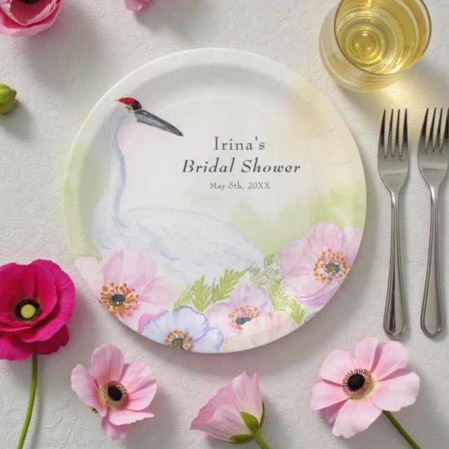 Bridal Shower Whooping Crane with Pastel Anemones  Paper Plates (Creator Uploaded)