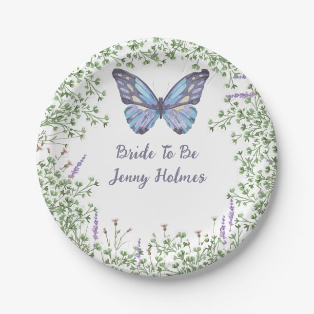 Bridal Shower Wildflower Blue Butterfly Greenery  Paper Plates (Front)