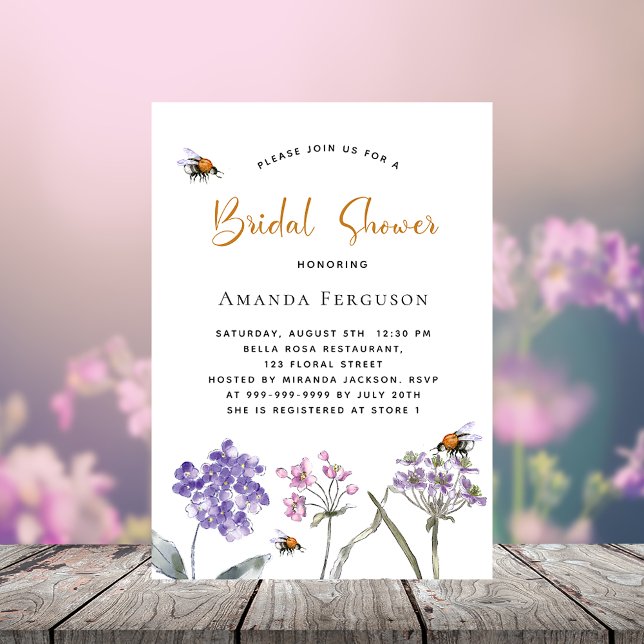 Bridal Shower wildflowers violet pink bee Invitation Postcard (Creator Uploaded)