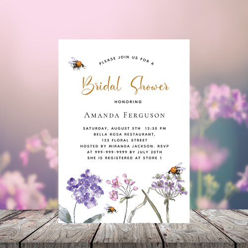 Bridal Shower wildflowers violet pink bee luxury Invitation