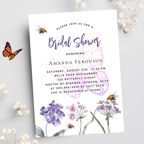 Bridal Shower wildflowers violet pink butterfly Invitation Postcard