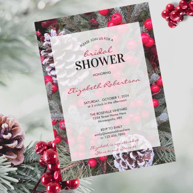 Bridal Shower Winter Berries Pinecone themed Invitation (Creator Uploaded)