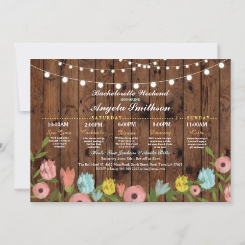 Bridal Shower Wood Floral Itinerary Bachelorette Invitation