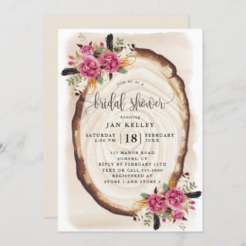 Bridal Shower Wood Slice Pink Floral Invitation