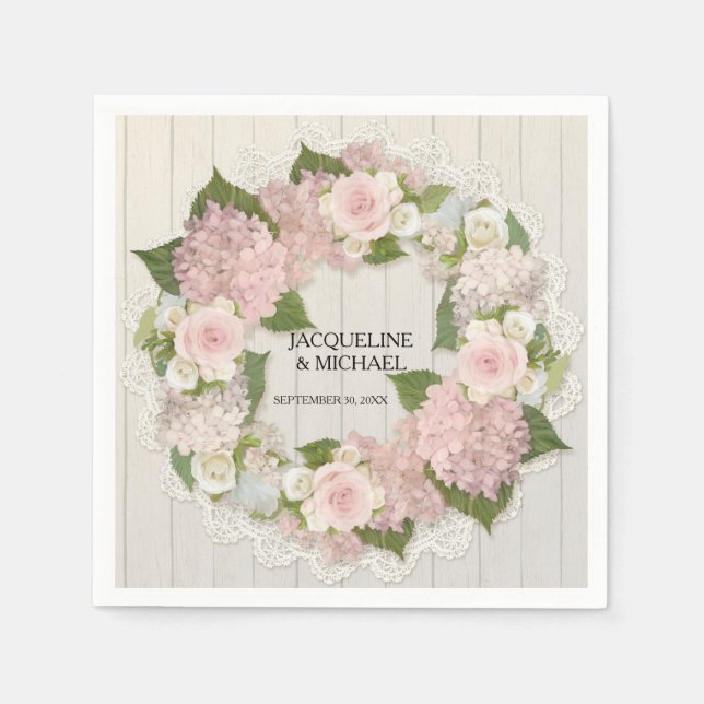 Bridal Shower Wooden Lace Hydrangea Roses Wreath Napkins (Front)