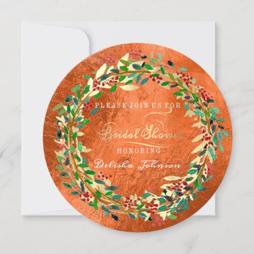 Bridal Shower Woodland Orange Floral Green Gold Invitation