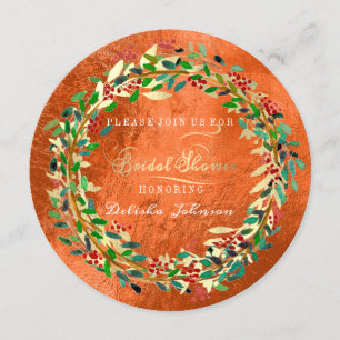 Bridal Shower Woodland Orange Floral Green Gold Invitation