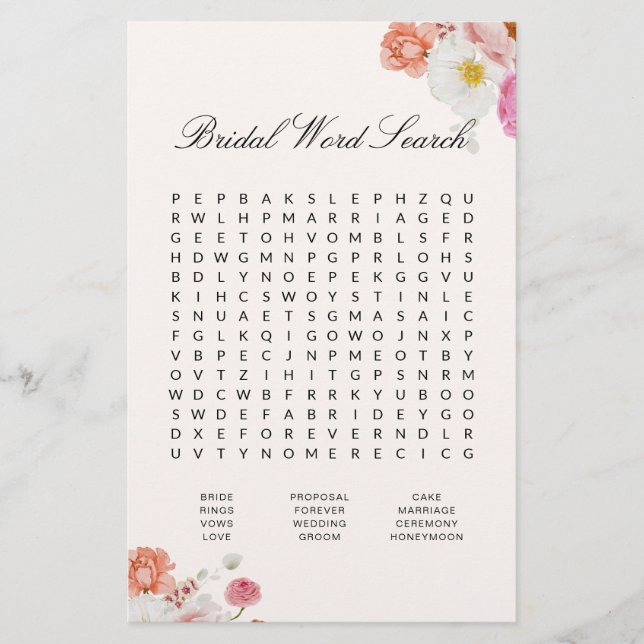 Bridal Shower Word Search Floral Game Card (Front)