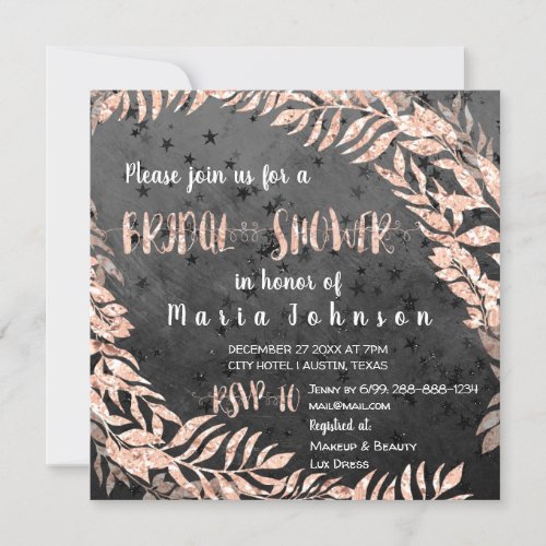 Bridal Shower Wreath Glitter Rose Gold Black Stars Invitation