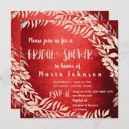 Bridal Shower Wreath Glitter Rose Gold Burgund Red Invitation