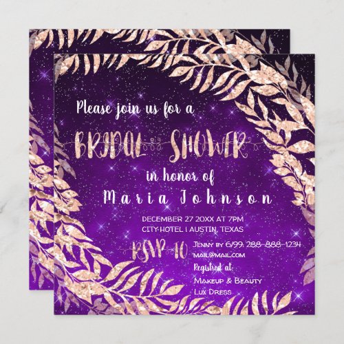 Bridal Shower Wreath Rose Gold Sky Stars Purple Invitation