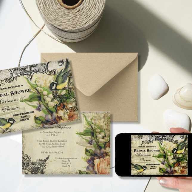 Bridal Shower, Yellow Song Bird Cage Swirl Floral Invitation (Creator Uploaded)