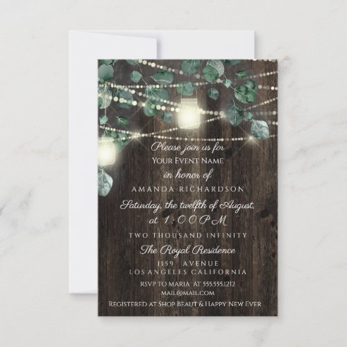 Bridal ShowerRustic Wood Gold Confetti Jars Lights Invitation