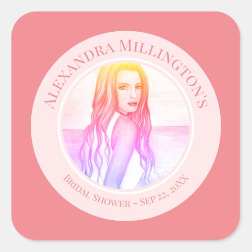 Bridal Showers Blonde Hair Girl on Beach Circle Square Sticker