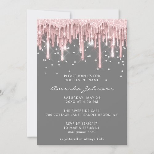  Bridal Sweet 16th  Drip Rose Glitter Gray Pink  Invitation