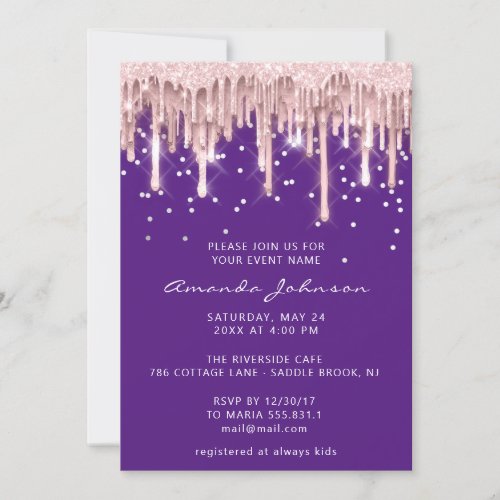  Bridal Sweet 16th  Drip Rose Glitter Gray Purple Invitation
