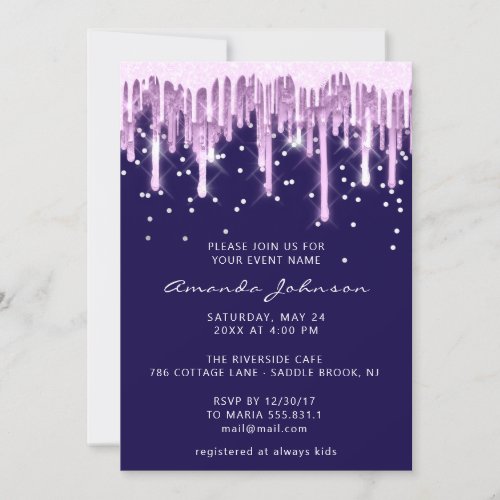  Bridal Sweet 16th  Drip Rose Glitter Purple Navy Invitation
