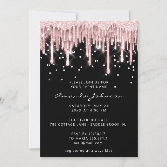  Bridal Sweet 16th  Drip Rose Glitter Spark Black Invitation (Front)