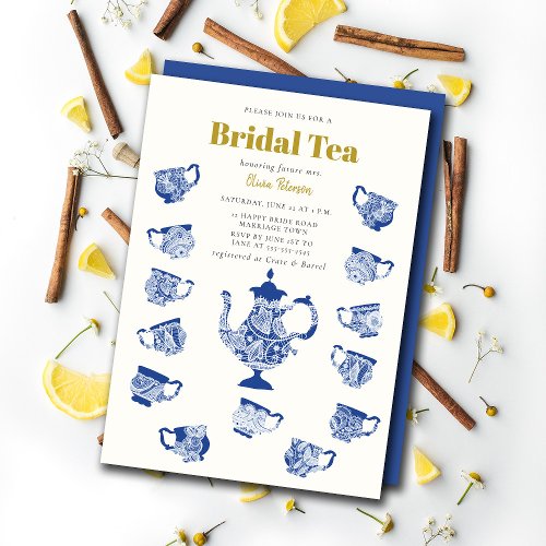 Bridal Tea Chinoiserie Lace Modern Navy Shower Invitation