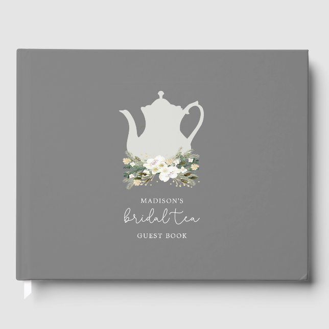 Bridal Tea Gray Watercolor Flowers Guest Book (Front)