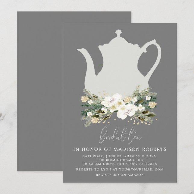 Bridal Tea Gray Watercolor Flowers Invitation (Front/Back)