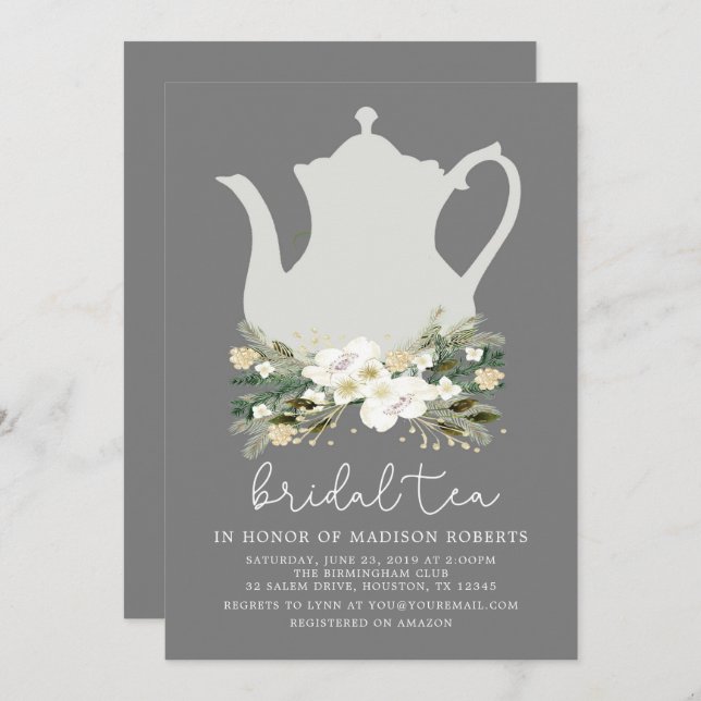Bridal Tea Gray Watercolor Flowers Invitation (Front/Back)