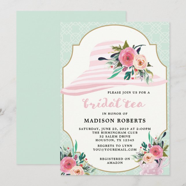Bridal Tea Hat Watercolor Flowers Invitation (Front/Back)