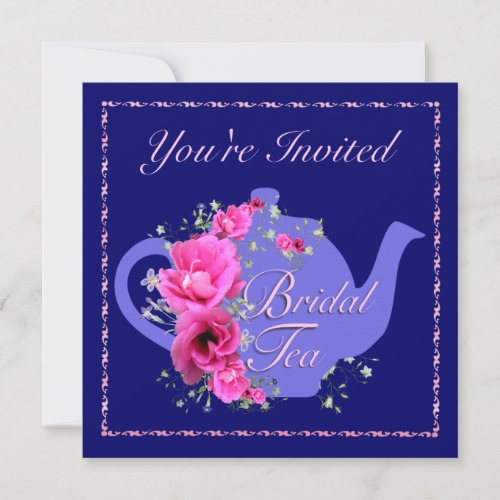 Bridal Tea Invitations Teapot and Pink Flowers