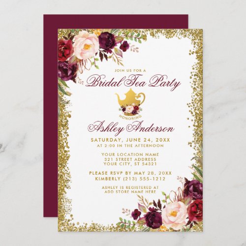 Bridal Tea Party Burgundy Gold Glitter Invite
