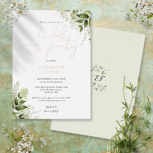 Bridal Tea Party Elegant Script Greenery Monogram  Foil Invitation