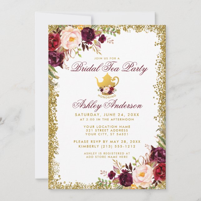 Bridal Tea Party Gold Glitter Burgundy Invite (Front)