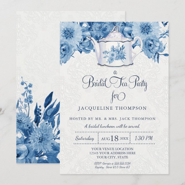 Bridal Tea Party Navy Blue White Floral Teapot Art Invitation (Front/Back)
