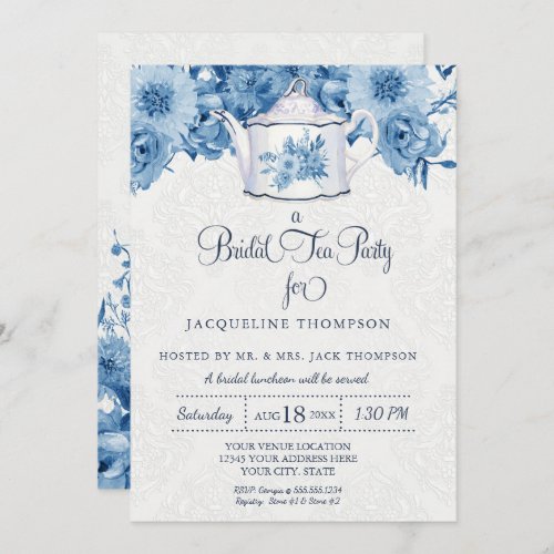 Bridal Tea Party Navy Blue White Floral Teapot Art Invitation