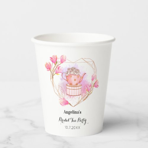 Bridal Tea Party Pink Rose Gold Heart Watercolor Paper Cups