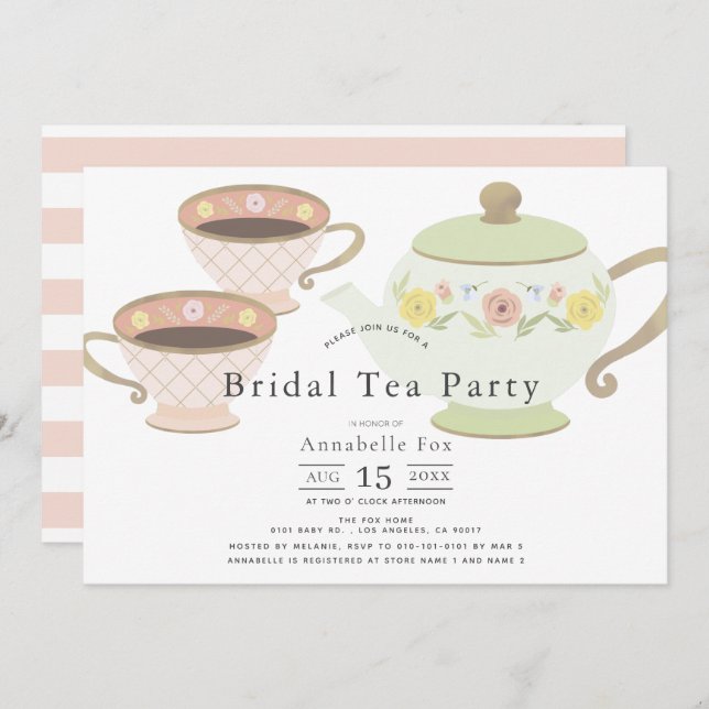 Bridal Tea Party Tea Pot & Cups Bridal Shower Invitation (Front/Back)