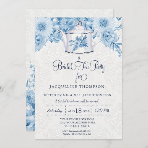 Bridal Tea Party Watercolor Navy Blue White Floral Invitation