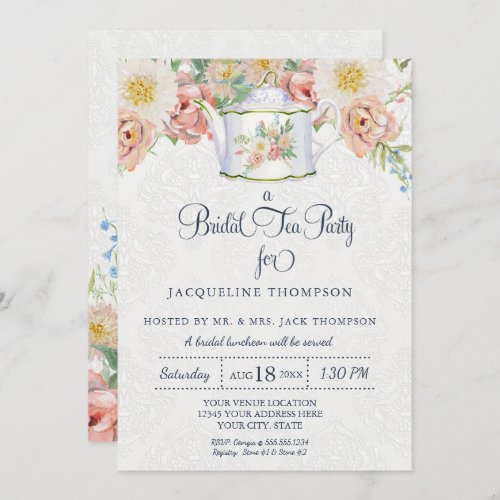 Bridal Tea Party Watercolor Pink n White Floral Invitation