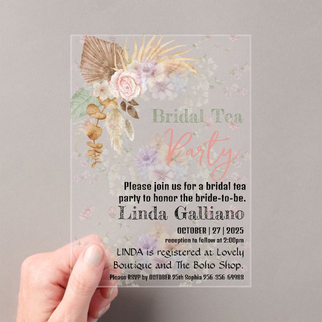 Bridal tea Party | Wildflower Boho Bridal Shower Acrylic Invitations (Insitu (Handheld))