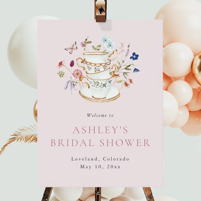 Bridal Tea Welcome Foam Board (Elegant Pink Floral Bridal Tea Party Welcome Foam Board with Butterfly by Painted Paperie
)