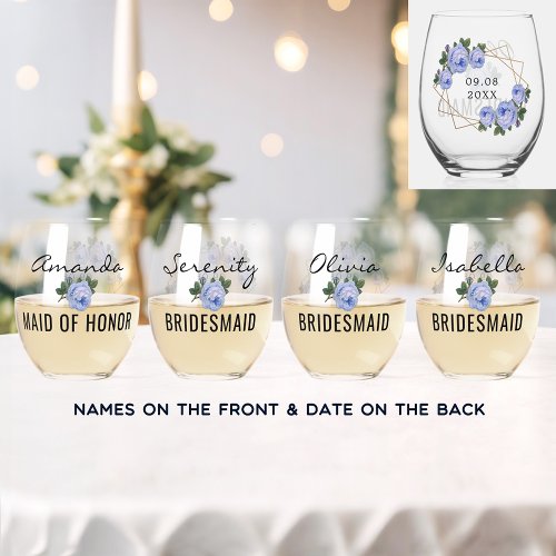 Bridal Team Gold Glitter Geo Blue Floral Wedding Stemless Wine Glass