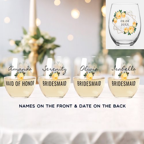 Bridal Team Gold Glitter Geo Orange Floral Wedding Stemless Wine Glass