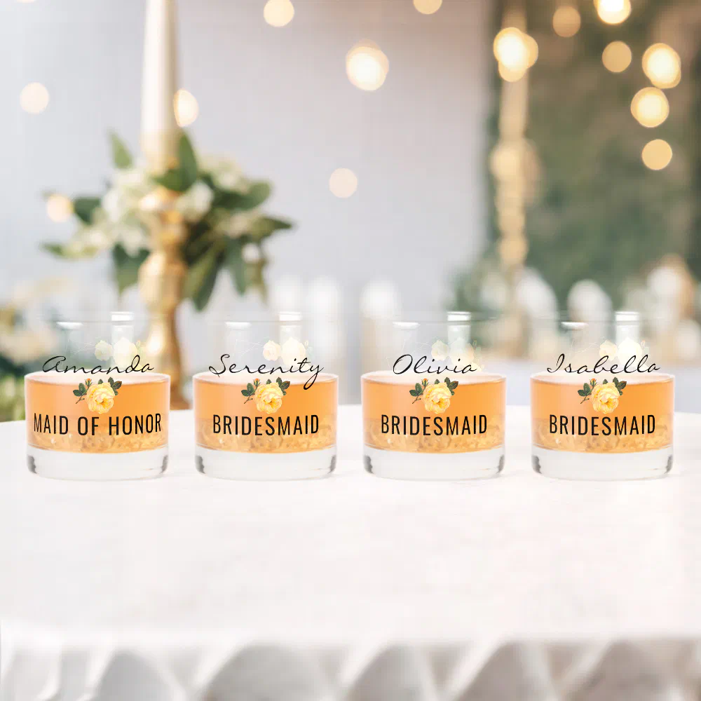 Bridal Team Gold Glitter Geo Orange Floral Wedding Whiskey Glass